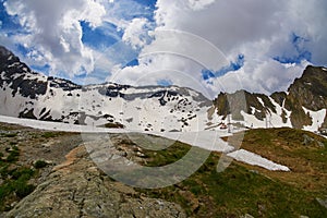 A view of Fagaras mountains at Balea lake in Transylvania Romania Eastern Europe.