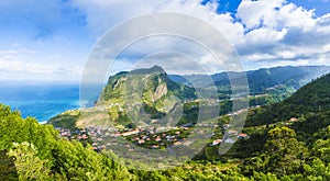 View of Faial village and Eagle rock, Madeira island, Portugal