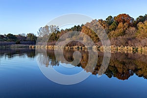 Fall colors in a park with reflections in the lake in Omaha Nebraska