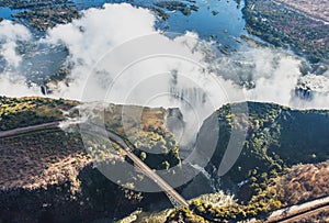 View of the Falls from a height of bird flight. Victoria Falls. Mosi-oa-Tunya National park.Zambiya. and World Heritage Site.