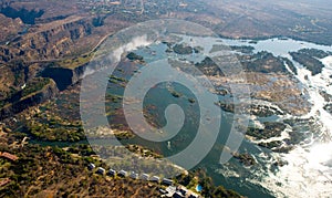 View of the Falls from a height of bird flight. Victoria Falls. Mosi-oa-Tunya National park.Zambiya. and World Heritage Site.