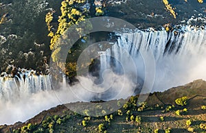 View of the Falls from a height of bird flight. Victoria Falls. Mosi-oa-Tunya National park.Zambiya. and World Heritage Site.