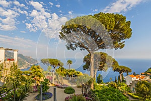 View of famous Amalfi Coast with Gulf of Salerno from Villa Rufolo gardens in Ravello, Campania, Italy