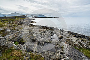 View of the famous Atlantic Road and the iconic Storseisundet Bridge, More og Romsdal, Norway