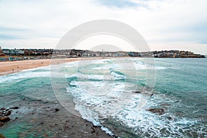 View of the famous beachline of Bondi Park in Australia on a cloudy day background