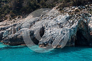 View of famous blue caves on Zakynthos island in Greece, Europe