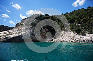 View of famous blue caves on Zakynthos island in Greece, Europe