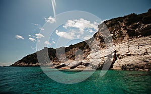 View of famous blue caves on Zakynthos island in Greece, Europe