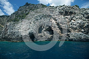 View of famous blue caves on Zakynthos island in Greece, Europe