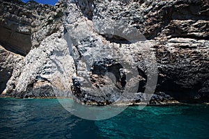 View of famous blue caves on Zakynthos island in Greece, Europe