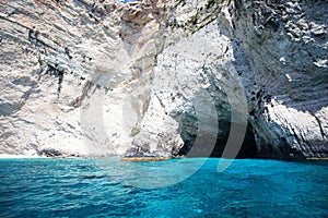 View of famous blue caves on Zakynthos island in Greece, Europe