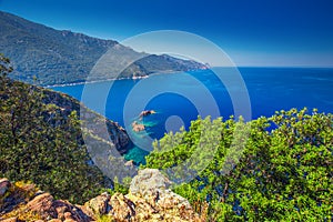 View from famous D81 coastal road with view of Golfe de Girolata from Bocca Di Palmarella, Corsica, France, Europe.