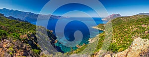 View from famous D81 coastal road with view of Golfe de Girolata from Bocca Di Palmarella, Corsica, France, Europe. photo