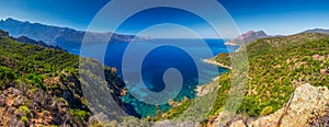 View from famous D81 coastal road with view of Golfe de Girolata from Bocca Di Palmarella, Corsica, France, Europe.