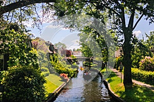 View of famous Giethoorn village with canals in the province of Overijssel