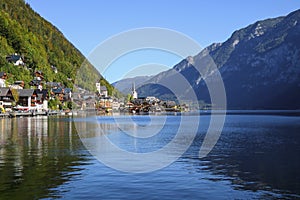 View of famous Hallstatt lakeside town in the Alps, Salzkammergut region, Austria