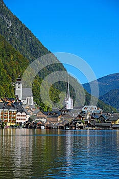 View of famous Hallstatt lakeside town in the Alps, Salzkammergut region, Austria