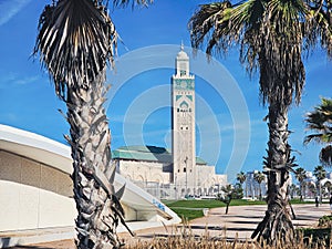 view of the famous Hassan II Mosque seen from the street