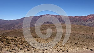 View of the famous Hornocal, or Fourteen colors hill, near the city of Humahuaca, Argentina. Wide shot