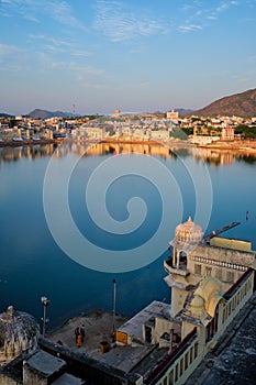 View of famous indian sacred city Pushkar with Pushkar ghats. Rajasthan, India