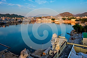 View of famous indian sacred city Pushkar with Pushkar ghats. Rajasthan, India