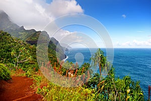 View of the famous Kalalau trail along Na Pali coast of the island of Kauai