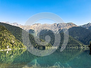 view of the famous lake of Abkhazia. Lake Ritsa.