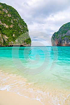 View of famous Maya Bay, Thailand. One of the most popular beach in the world. Ko Phi Phi islands. Beach without people