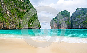 View of famous Maya Bay, Thailand. One of the most popular beach in the world. Ko Phi Phi islands. Beach without people