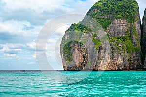 View of famous Maya Bay, Thailand. One of the most popular beach in the world. Ko Phi Phi islands. Beach without people