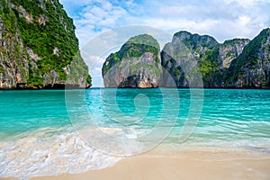 View of famous Maya Bay, Thailand. One of the most popular beach in the world. Ko Phi Phi islands. Beach without people