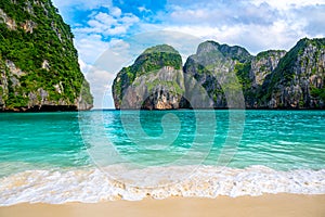 View of famous Maya Bay, Thailand. One of the most popular beach in the world. Ko Phi Phi islands. Beach without people