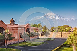 view of the famous Mount Ararat and the building of Etchmiadzin complex in the foreground. Travel and tourist