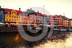 View of famous Nyhavn area in the center of Copenhagen, Denmark in the morning