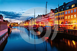 View of famous Nyhavn area in the center of Copenhagen, Denmark at night