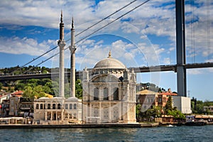 View of the famous Ortakoy mosque Ortakoy Camii and Bosphorus bridge. Istanbul.