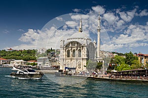 View of the famous Ortakoy mosque Ortakoy Camii and Bosphorus bridge. Istanbul.