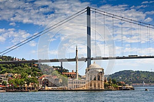 View of the famous Ortakoy mosque Ortakoy Camii and Bosphorus bridge. Istanbul.