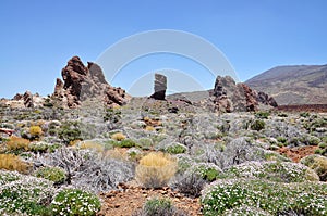 View of the famous Pico del Teide mountain with Roque Cinchado, Tenerife, Canary Islands