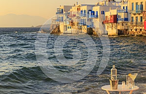 View of the famous pictorial Little Venice bay of Mykonos town in Mykonos island in Greece.