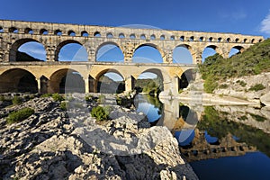 View of famous Pont du Gard, old roman aqueduct in France