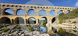 View of famous Pont du Gard, old roman aqueduct in France
