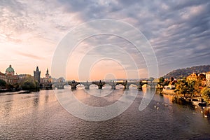 View on famous Prague Charles Bridge at sunset