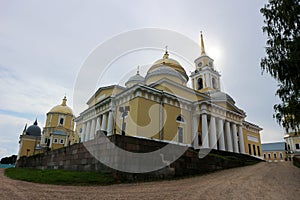 View of famous russian orthodox Nilov monastery on Stolobny island in lake Seliger, Ostashkov, Russia photo