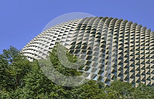 View of the famous and stunning Singaporean Opera theater, a building with an amazing futuristic design located in Marina Bay