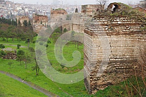 View of the famous Theodosian Walls of Constantinople