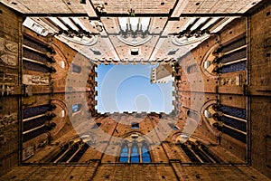View of famous Torre del Mangia in Siena, Tuscany, Italy