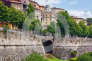 View of the famous Venetian walls in Bergamo Citta Alta in northern Italy. Bergamo is a city in the alpine Lombardy region