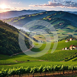 View from famous wine street in south styria, Austria on tuscany like vineyard hills. Tourist destination