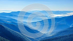 View of far away blue mountains in the fog photo